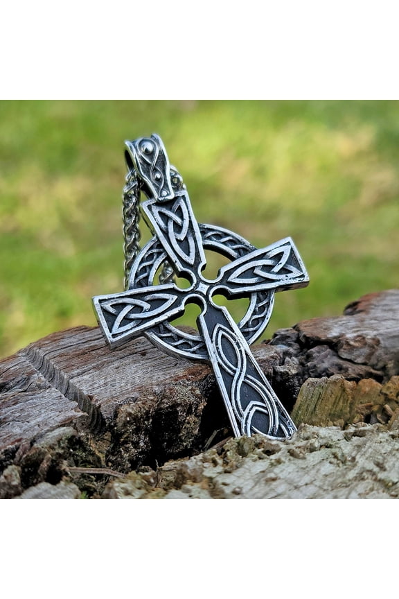 Celtic Cross Necklace Large Irish Pendant Stainless Steel Amulet Knot