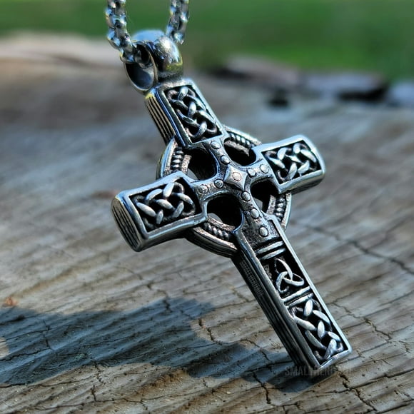 Celtic Cross Necklace Stainless Steel Irish Knot Pendant Viking Men Amulet