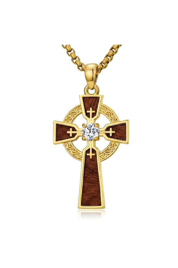 Celtic Cross Necklace for Men, 14K Gold Plated Walnut Wood, Faith Gift