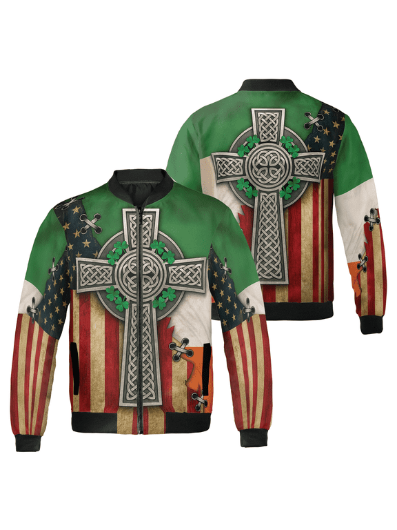 Celtic Cross Shamrock Bomber Jacket – Irish Heritage Graphic Zip-Up Jacket – Festive Green Streetwear