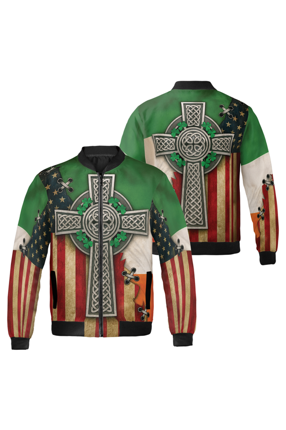 Celtic Cross Shamrock Bomber Jacket – Irish Heritage Graphic Zip-Up Jacket – Festive Green Streetwear
