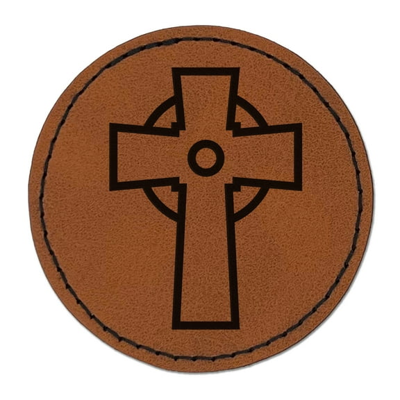 Celtic Cross Simple Outline 2.5" Faux Leather Round Engraved Iron-On Patch - Brown