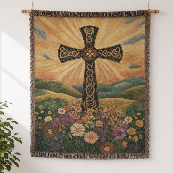 Celtic Cross Sunrise Floral Woven Cotton Throw Blanket – Faith Home Decor, Fringed Edges, 3 Sizes