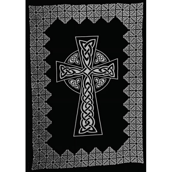 Celtic Cross Tapestry Cotton Bedspread 104" x 86" Full Black
