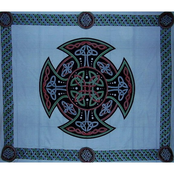 Celtic Cross Tapestry Cotton Bedspread 104" x 88" Full Blue