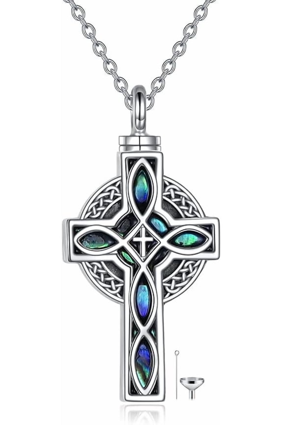 Celtic Cross Urn Necklace Sterling Silver Celtic Knot Ashes Pendant Abalone Shell Cross Cremation Jewelry Gifts for Women Men