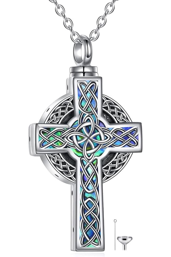 Celtic Cross Urn Necklace Sterling Silver Celtic Knot Ashes Pendant Abalone Shell Cross Cremation Jewelry Gifts for Women Men