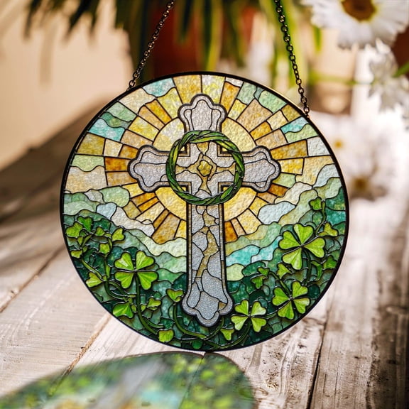 Celtic Cross With Sunlight And Shamrocks Glass Suncatcher Spiritual Decor Gift For Dad, Suncatcher Window Hanging, 3.5 in