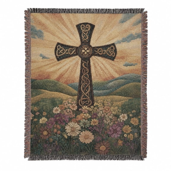 Celtic Cross Woven Cotton Blanket, Sunrise Floral Tapestry Throw with Fringe