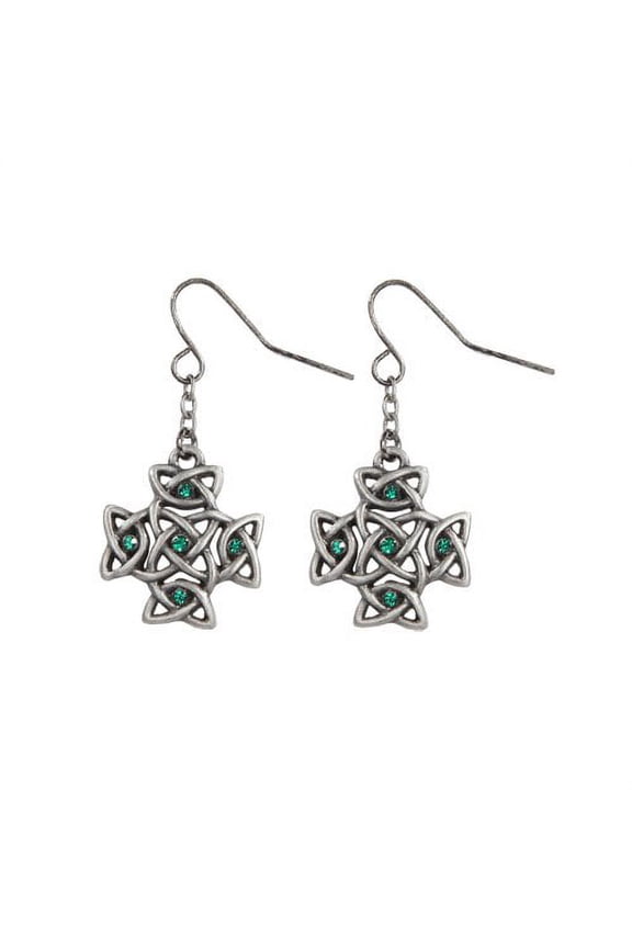 Celtic Cross with Green Crystal Pewter Earrings Jewelry- Mystica Collection