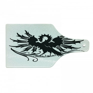 Celtic Cutting Board, Abstract Fantasy Animal Medieval Eagle for Culture and Tattoo Design, Decorative Tempered Glass Cutting and Serving Board, Wine Bottle Shape, Black and White, by Ambesonne