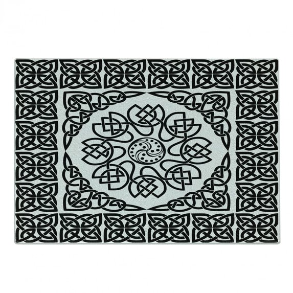 Celtic Cutting Board, Filigree Style Endless Celtic Knot Pattern with Abstract Style Floral Petals, Decorative Tempered Glass Cutting and Serving Board, Small Size, Black and White, by Ambesonne