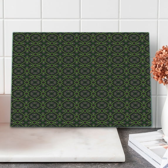 Celtic Cutting Board, Floral Celtic Patterns Heraldic Symbolic Historic Bound Shapes Image, Decorative Tempered Glass Cutting and Serving Board, Large Size, Purple Green, by Ambesonne