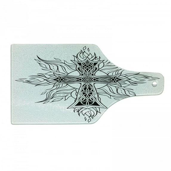 Celtic Cutting Board, Gothic Image in Celtic Style Simplistic Traditional Timeless Pattern Print, Decorative Tempered Glass Cutting and Serving Board, Wine Bottle Shape, White and Black, by Ambesonne