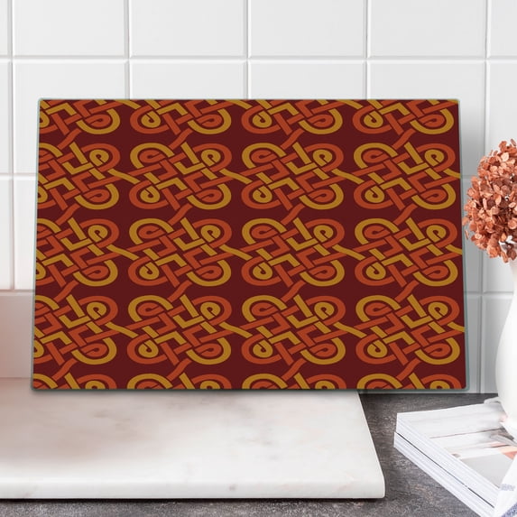 Celtic Cutting Board, Multicolored Interlaced Vintage Celtic Conjoined Knot Forms European Graphic Design, Decorative Tempered Glass Cutting and Serving Board, Large Size, Red Orange, by Ambesonne