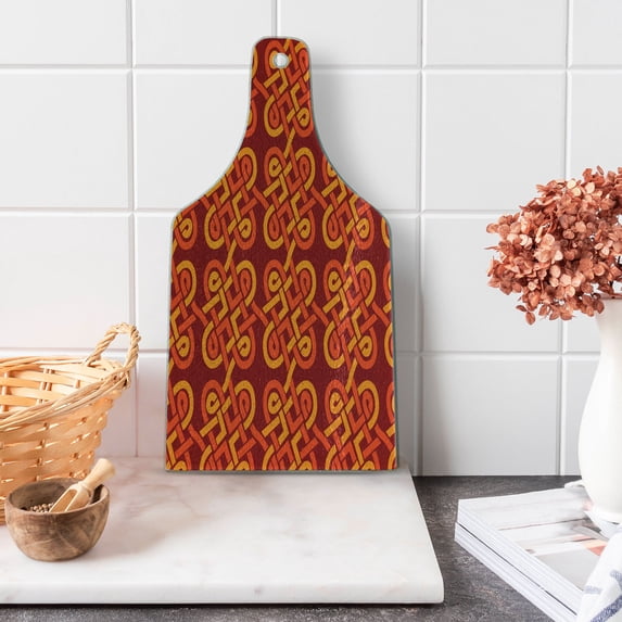 Celtic Cutting Board, Multicolored Interlaced Vintage Celtic Conjoined Knot Forms European Graphic Design, Tempered Glass Cutting and Serving Board, Wine Bottle Shape, Red Orange, by Ambesonne