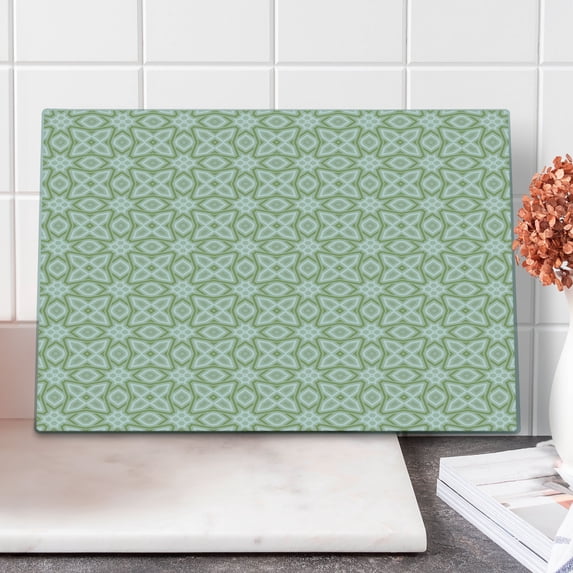 Celtic Cutting Board, Nostalgic Tribal Timeless Celtic Pattern with Square Shaped Motif Retro Boho, Decorative Tempered Glass Cutting and Serving Board, Large Size, Pale Green White, by Ambesonne