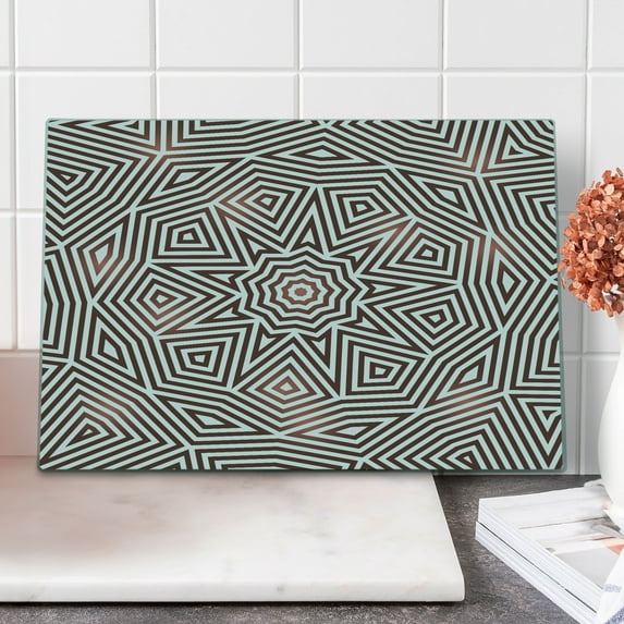 Celtic Cutting Board, Radiant Celtic Baroque Patterns with Diagonal and Triangular Geometric Shapes Boho, Decorative Tempered Glass Cutting and Serving Board, Large Size, Brown Beige, by Ambesonne
