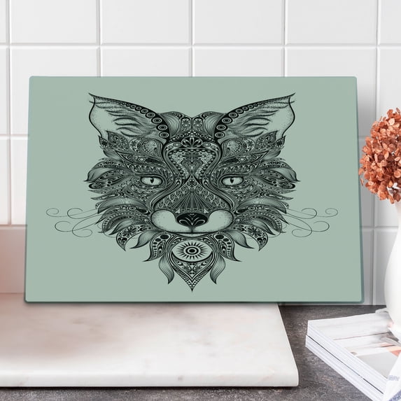 Celtic Cutting Board, Sharp Eyed Fox Head Portrait Celtic Pattern Style Image, Decorative Tempered Glass Cutting and Serving Board, Large Size, Black Ecru, by Ambesonne
