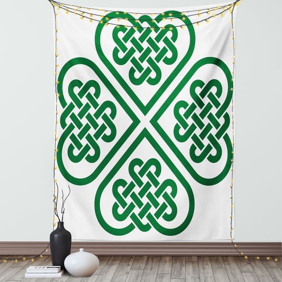 Celtic Decor Tapestry, Monochrome Four Leaf Clover Flower Authentic Timeless Form Gaelic Decor , Wall Hanging for Bedroom Living Room Dorm Decor, 60W X 80L Inches, Green White, by Ambesonne