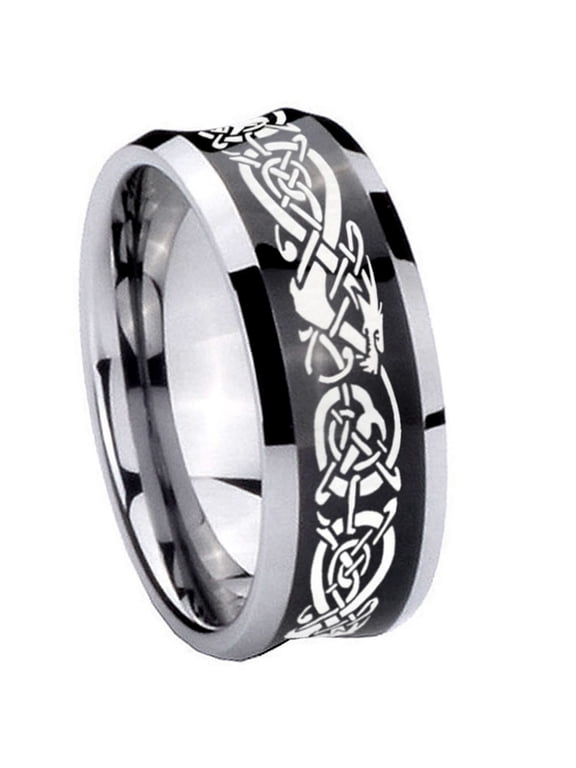 Celtic Dragon Concave Black Tungsten Men Ring 10MM