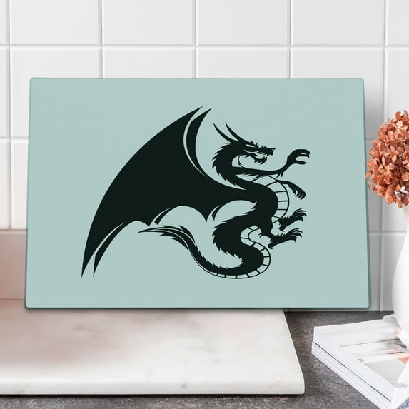 Celtic Dragon Cutting Board, Monochrome Fantasy Themed Creature Gothic Tattoo Graphic, Decorative Tempered Glass Cutting and Serving Board, in 3 Sizes, by Ambesonne