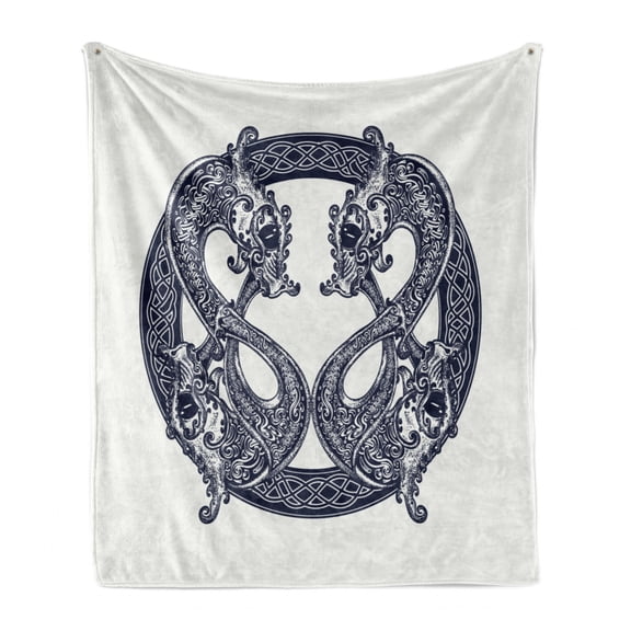 Celtic Dragon Soft Flannel Fleece Throw Blanket, Roudn Motif with Swirling Myth Creature, Cozy Plush for Indoor and Outdoor Use, 60" x 80", Dark Night Blue Ivory, by Ambesonne