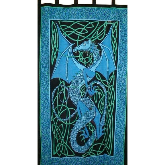 Celtic Dragon Tab Top Curtain Drape Panel Cotton 44" x 88" Blue