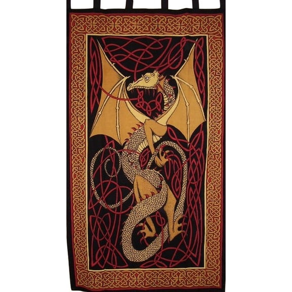Celtic Dragon Tab Top Curtain Drape Panel Cotton 44" x 88" Red
