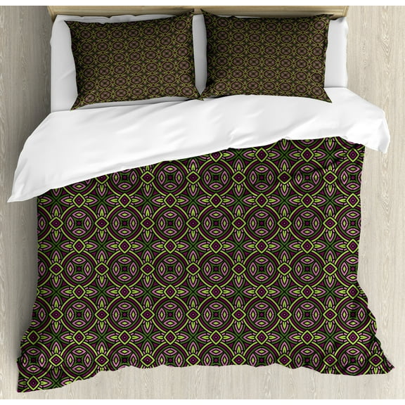 Celtic Duvet Cover Set, Floral Celtic Patterns Heraldic Symbolic Historic Bound Shapes Image, Decorative 3 Piece Bedding Set with 2 Pillow Shams, Calking Size, Purple Green, by Ambesonne