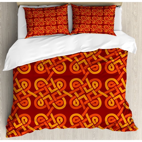 Celtic Duvet Cover Set, Multicolored Interlaced Vintage Celtic Conjoined Knot Forms European Graphic Design, Decorative 3 Piece Bedding Set with 2 Pillow Shams, Queen Size, Red Orange, by Ambesonne