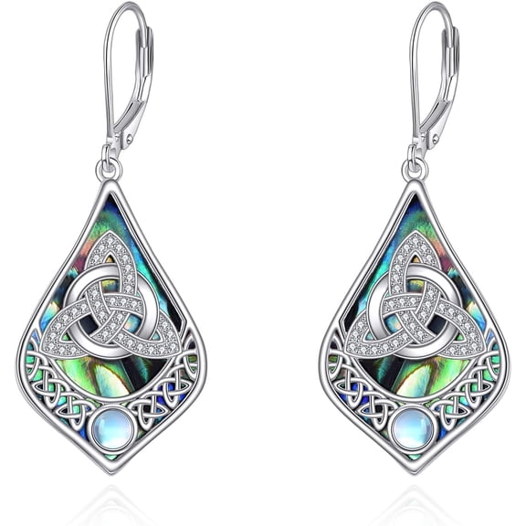 Celtic Earrings 925 Sterling Silver Moonstone Abalone Teardrop Dangle Earrings Irish Jewelry Gifts For Women (Celtic)