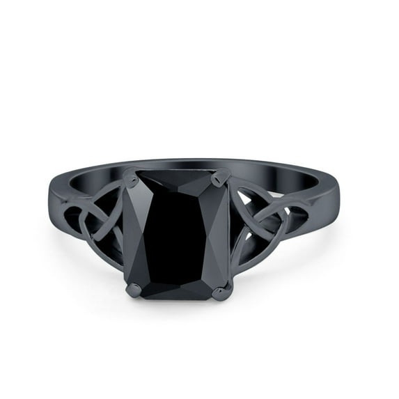 Celtic Emerald Cut Ring Black Tone Black CZ 925 Sterling Silver Size 8