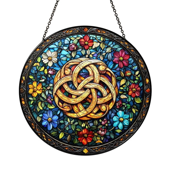 Celtic Flower Knot Glass Suncatcher Window Ornament, Symbolic Botanical Design, Peaceful Home Decor