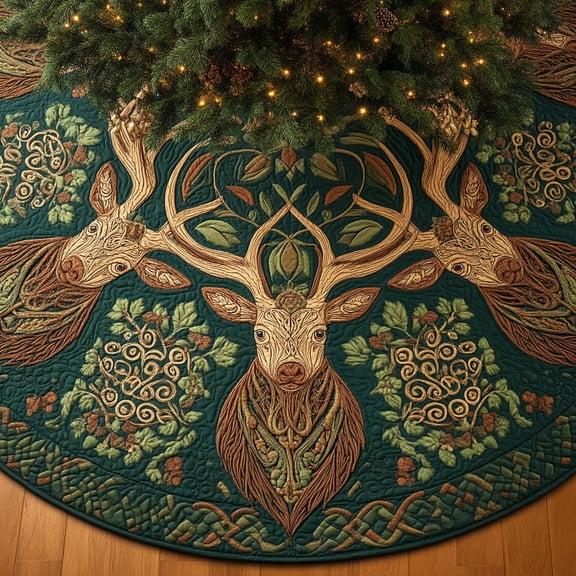 Celtic Forest Deer Christmas Quilted Tree Skirt, Christmas Tree Skirt, Holiday Tree Skirt, Christmas Tree Collar Cover, Christmas Gift