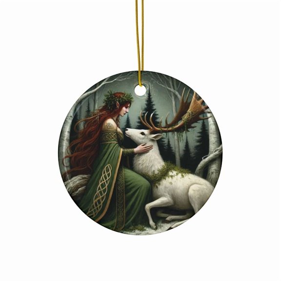 Celtic Forest Goddess White Stag Pagan Yule 2D FLAT Ceramic Ornament