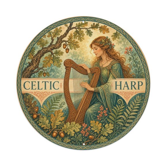 Celtic Forest Maiden Oak Leaf Harp Wall Plaque Metal Tin Sign Plaque