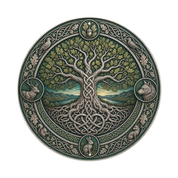 Celtic Forest World Tree Silver Wall Medallion Wall Art Metal Tin Sign Plaque