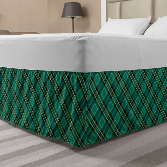 Celtic Green Bed Skirt, Classical Tartan Diagonal Lines Arrangement Plaid Print, Elastic Bedskirt Dust Ruffle Wrap Around for Bedding Decor, 4 Sizes, Teal Pastel Yellow, by Ambesonne
