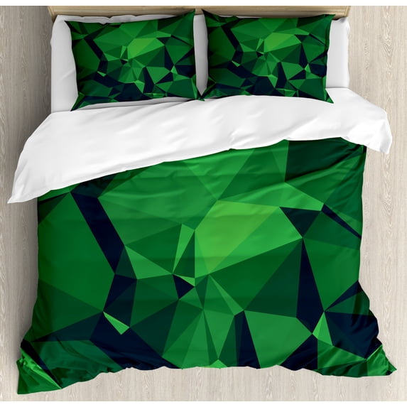 Celtic Green Duvet Cover Set, Polygonal Dark Tones Repeating Abstract Motif, Decorative 3 Piece Bedding Set with 2 Pillow Shams, King Size, Fern Green Dark Green, by Ambesonne