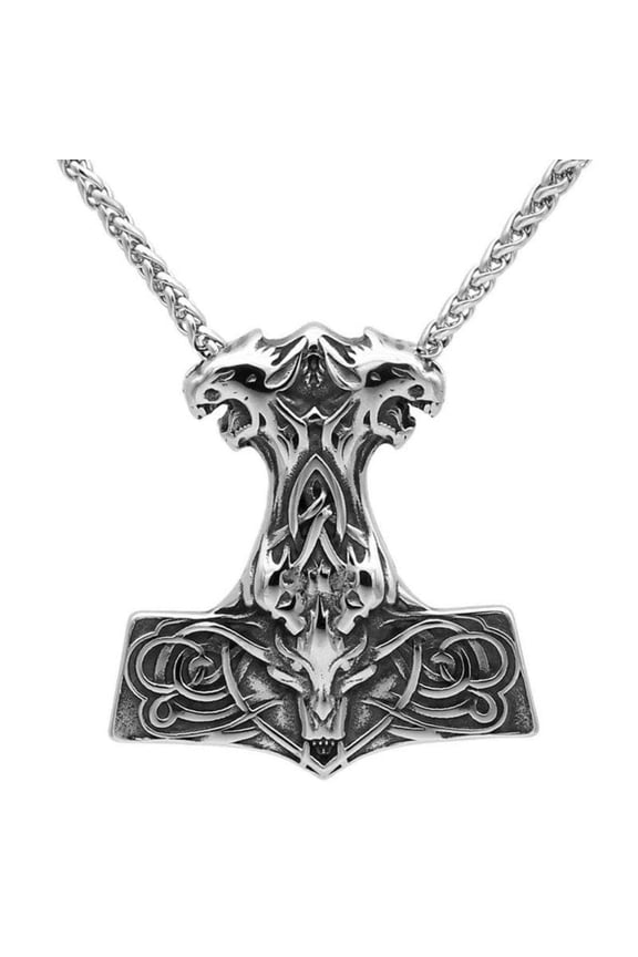Celtic Green Man Mjlnir Necklace Stainless Steel Viking Norse Thors Hammer