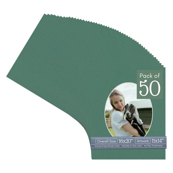 Celtic Green Picture Frame Mat for 16x20 Frames - Oval Opening for 11x14 Photos - 50 Mats
