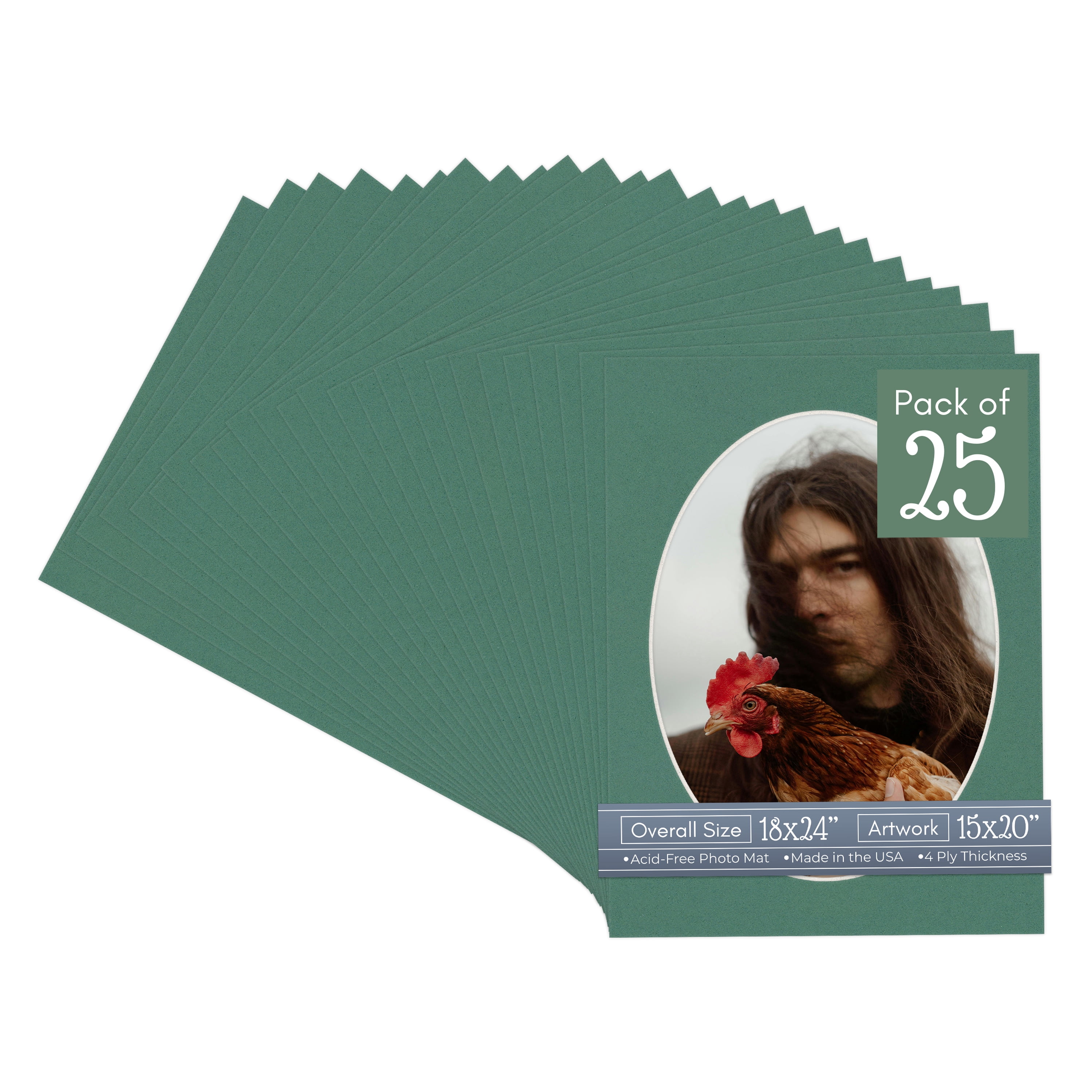 Celtic Green Picture Frame Mat for 18x24 Frames - Oval Opening for 15x20 Photos - 25 Mats