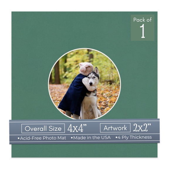 Celtic Green Picture Frame Mat for 4x4 Inch Frames - Circle Opening for 2x2 Photos - 1 Mat