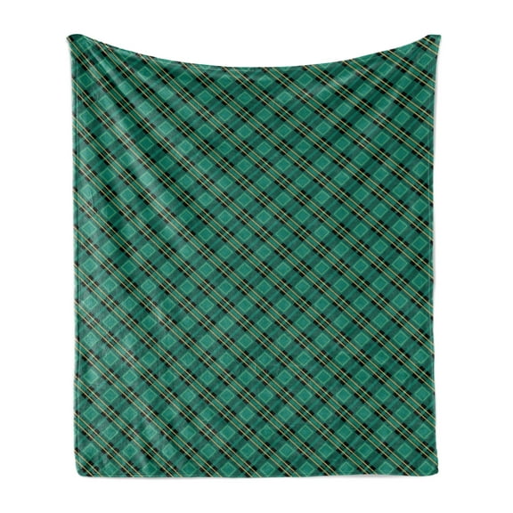 Celtic Green Soft Flannel Fleece Throw Blanket, Classical Tartan Diagonal Lines Arrangement Plaid Print, Cozy Plush for Indoor and Outdoor Use, 50" x 60", Teal Pastel Yellow, by Ambesonne
