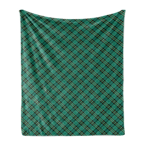 Celtic Green Soft Flannel Fleece Throw Blanket, Classical Tartan Diagonal Lines Arrangement Plaid Print, Cozy Plush for Indoor and Outdoor Use, 50" x 60", Teal Pastel Yellow, by Ambesonne