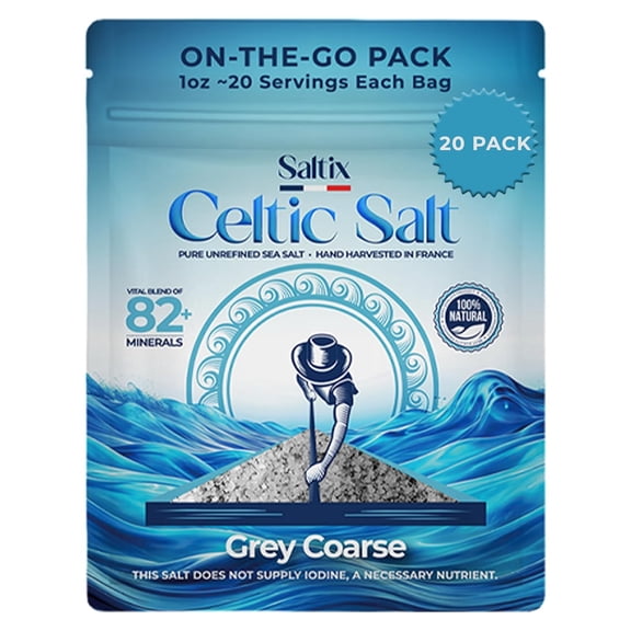Celtic Grey Coarse Sea Salt On-The-Go 20 Packs Resealable Bag (1 oz ~20 Servings Each) 100% Natural, Unrefined French Sel Gris, 82+ Trace Minerals, Electrolytes, Perfect for Cooking & Finishing