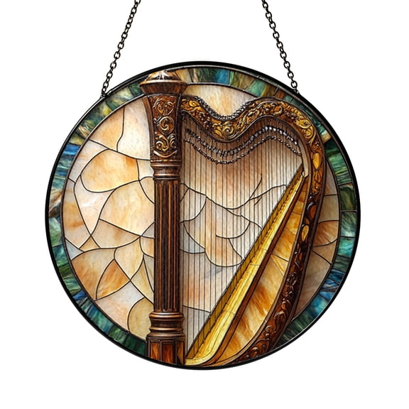 Celtic Harp Window Suncatcher, Round Stained Glass Style Musical Panel, Artistic Music Lover Home Decor Gift