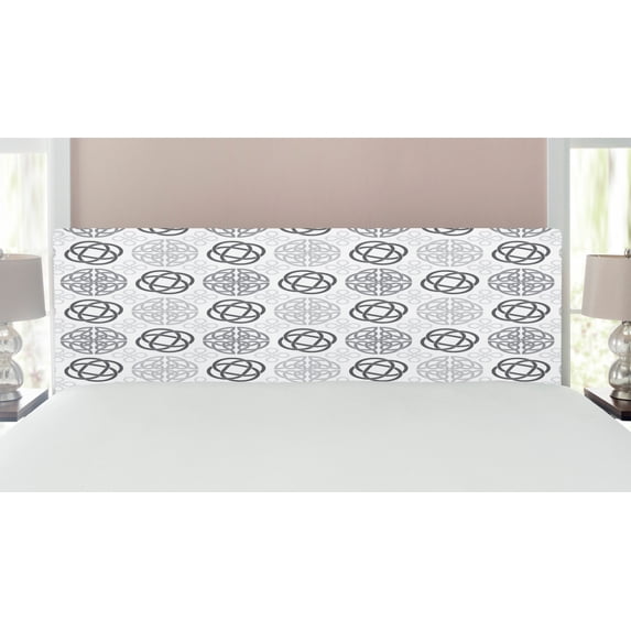 Celtic Headboard, Traditional Ireland Round Celtic Love Knots with Shamrock Motifs Art Pattern, Upholstered Decorative Metal Bed Headboard with Memory Foam, King Size, Grey White, by Ambesonne