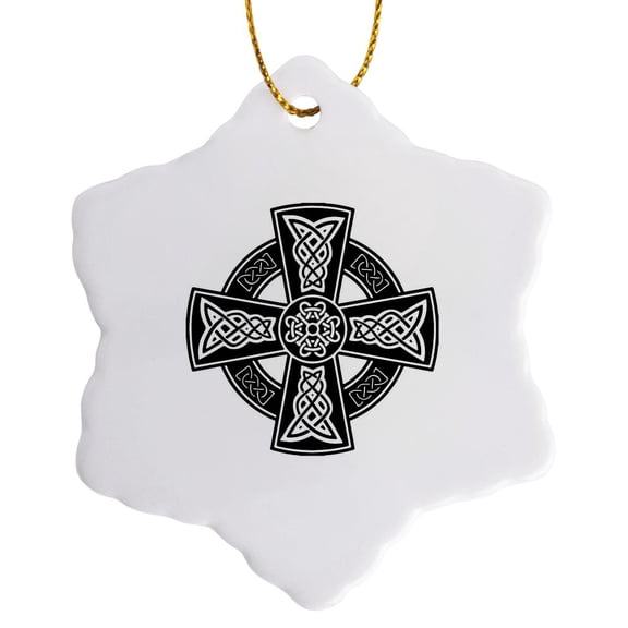 3drose, Celtic High Cross Decorative Knotwork 9, 3 inch Snowflake Porcelain Ornament